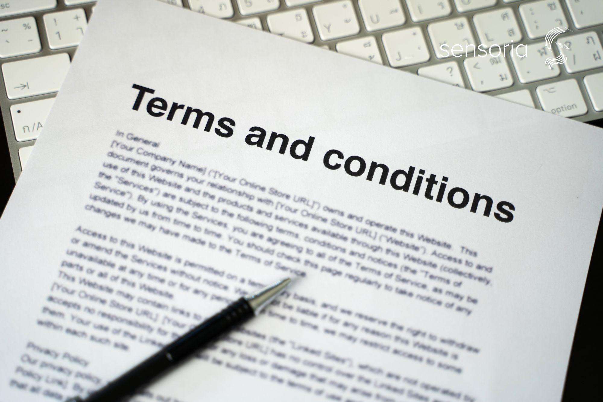 Zettel mit Überschrift Terms and conditions liegt auf einer Tastatur und einem Stift